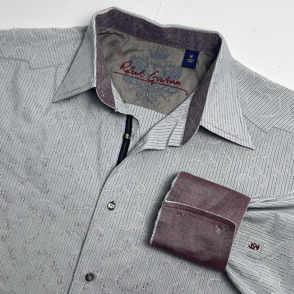 Robert Graham Mens Medium Gray Blue White Striped Western Flip Cuff Embroidered